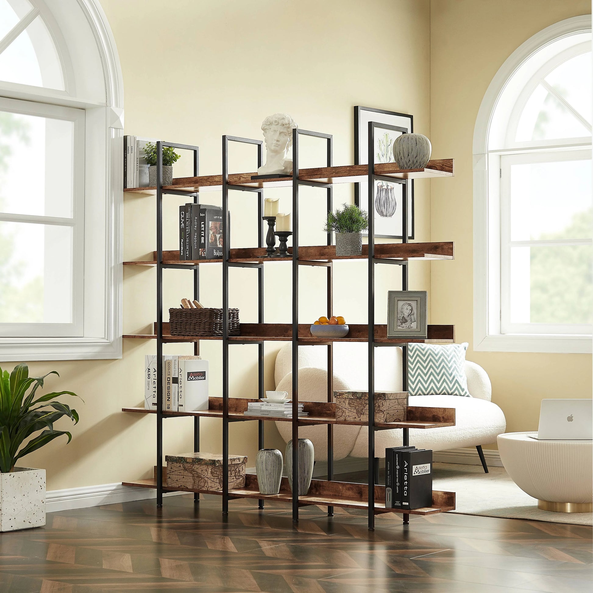 Bellemave 5 Tier Large Open Bookshelf, Home Office Display Shelves with Metal Frame, Vintage Industrial Bookcases with Back Fence, High-quality MDF Board (Brown)