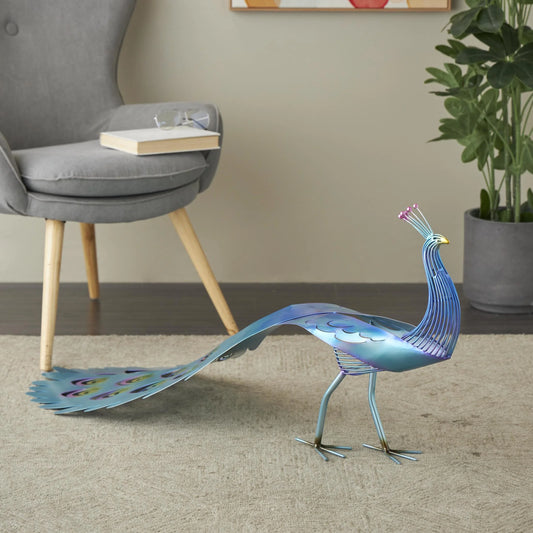 DecMode 21" Peacock Garden Sculpture with Open Wire Framed Body and Rainbow Accents