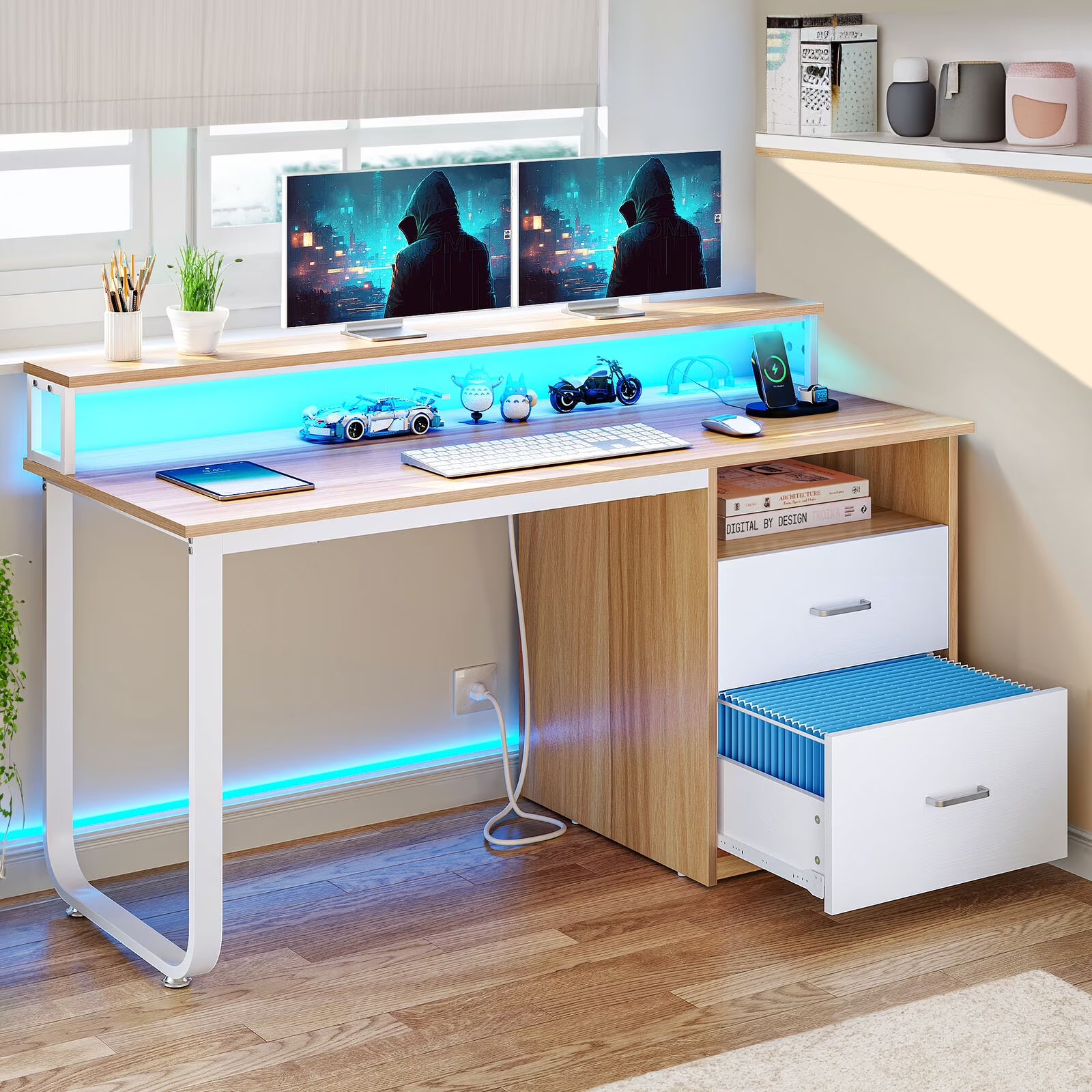 TDUKDB 47/55 Inch Home Office LED Computer Desk with File Drawer and Power Outlets. Ideal for Home Office Study Stable Design, Stylish Simple-inch-Brown White