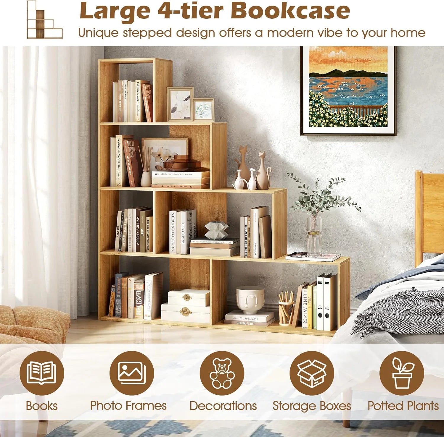 JTYUB 4-Tier Stepped Bookshelf, Freestanding 6 Cubes Ladder Bookcase with Anti-Tipping Kits, 64" Tall Modern Wooden Storage Display Rack for Home Office Living Room Study ,1 PCS,Natural