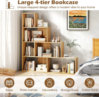 JTYUB 4-Tier Stepped Bookshelf, Freestanding 6 Cubes Ladder Bookcase with Anti-Tipping Kits, 64" Tall Modern Wooden Storage Display Rack for Home Office Living Room Study ,1 PCS,Natural