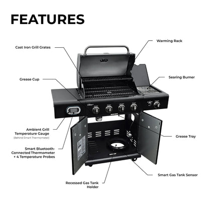 4-Burner Smart Gas Grill with Side Searing Burner, Black with Chrome Accents