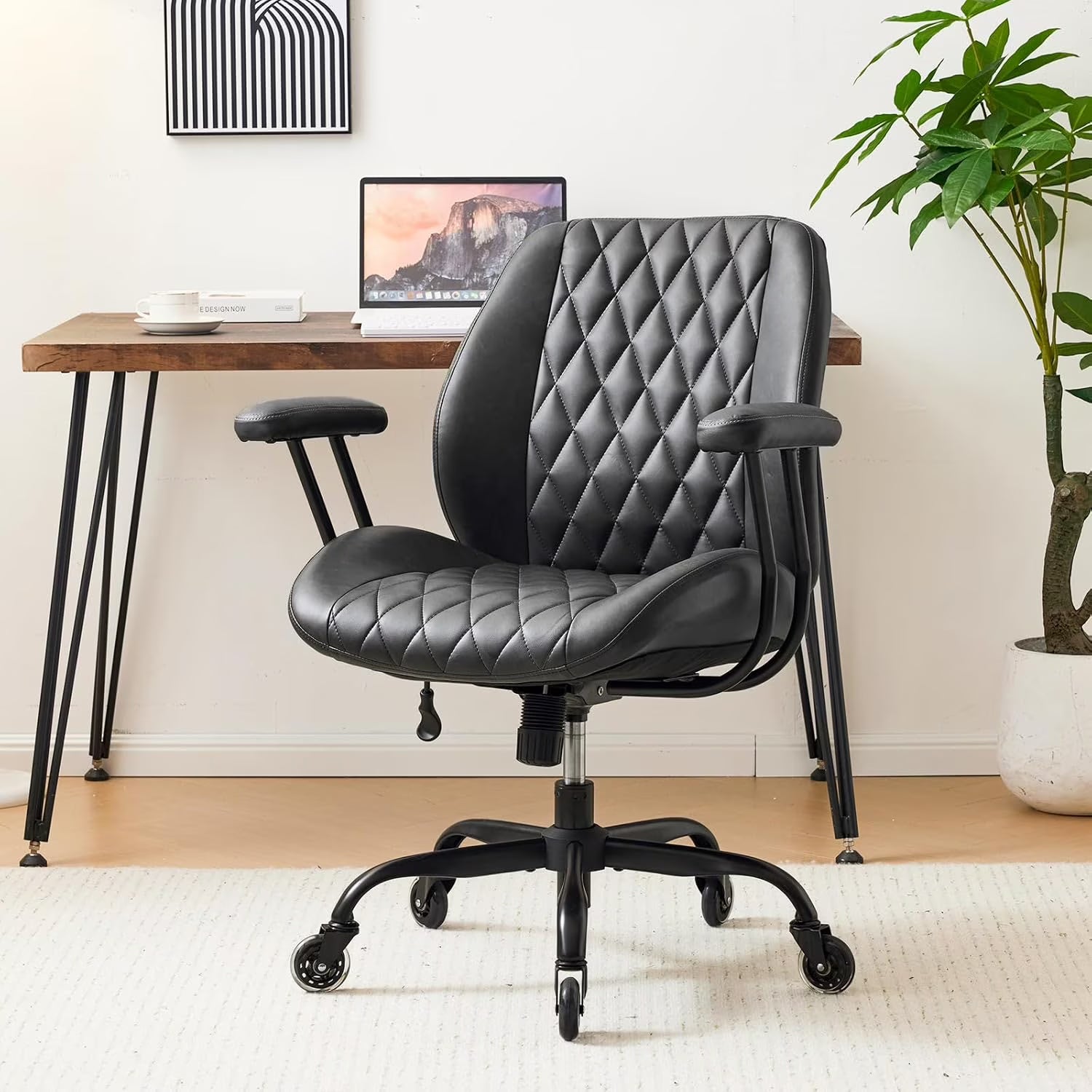 QW Home Office Desk Chair Office Rubber Casters Ergonomic Computer Chair with Lumbar Support Adjustable Height Rolling Swivel Executive Task Armrests Chair Brown Leather