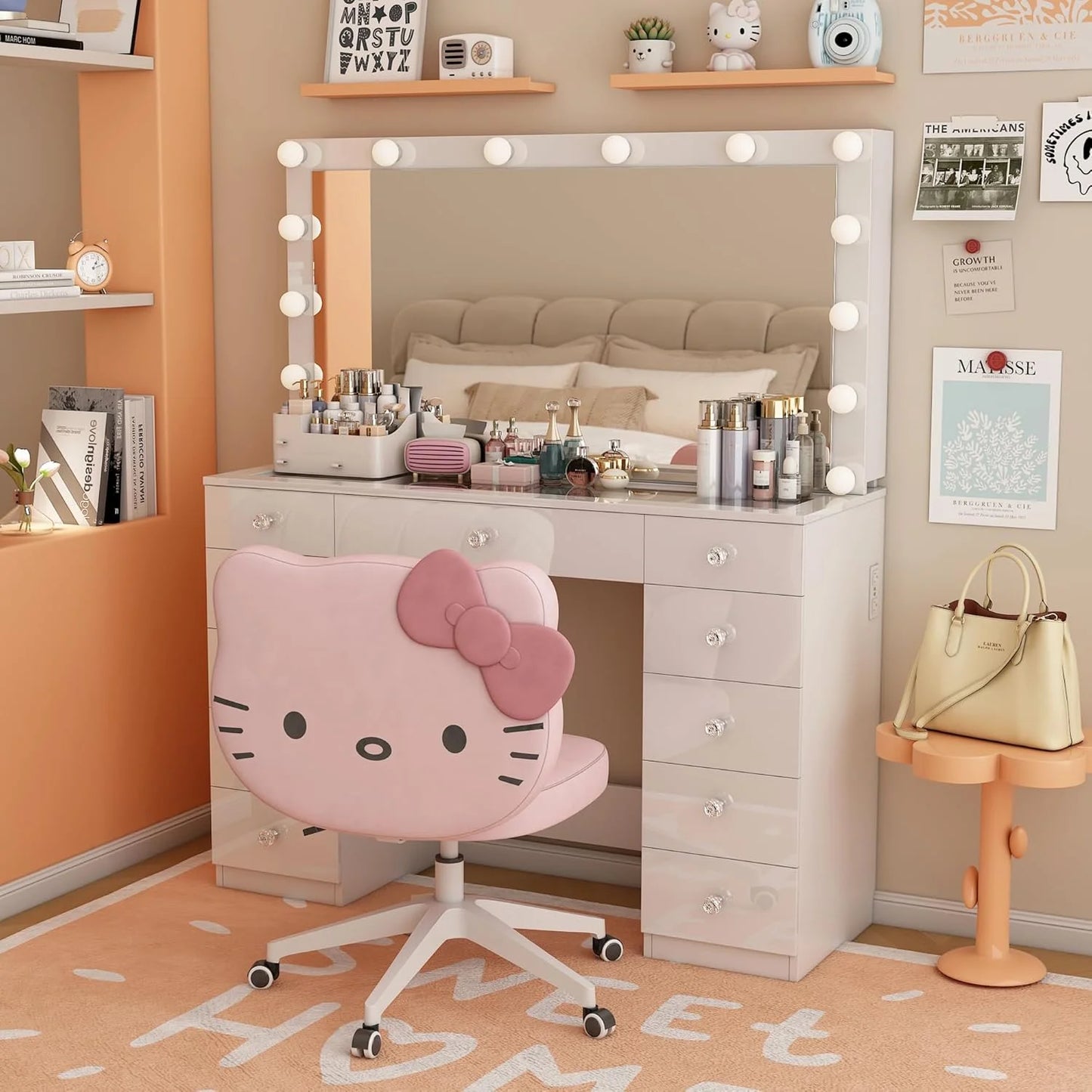 Vanity Desk with Power Outlet, Makeup Vanity with Mirror and 14 LED Light, 3 Lighting Modes,11 Drawer Vanity Table with Sliding Jewelry Storage, Glass Top, Specular Surface