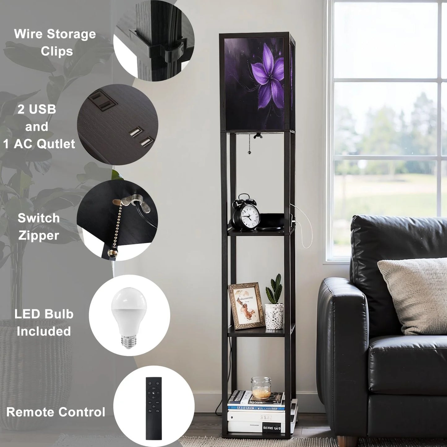 Floor Lamp with Shelves Corner Display Bookshelf Lamp for Living Room and Bedroom Purple Purple Wall Decor Purple Flower LED Modern Shelf Floor Lamp 3 Color Temperature