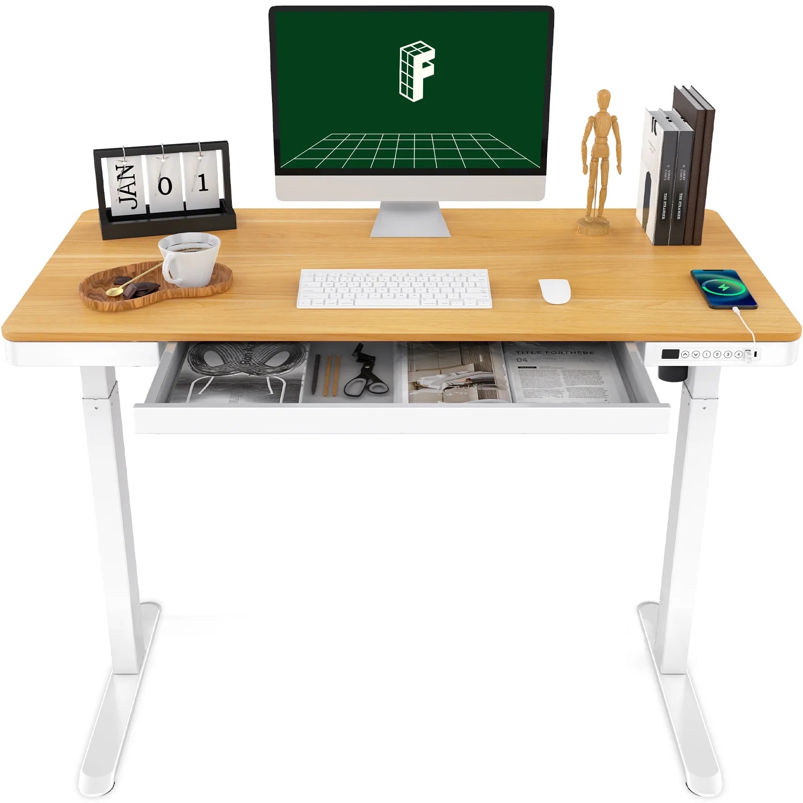 FLEXISPOT 48" W Home Office Height Adjustable Standing Desk White and Maple with USB Charge Ports and Embedded Drawer