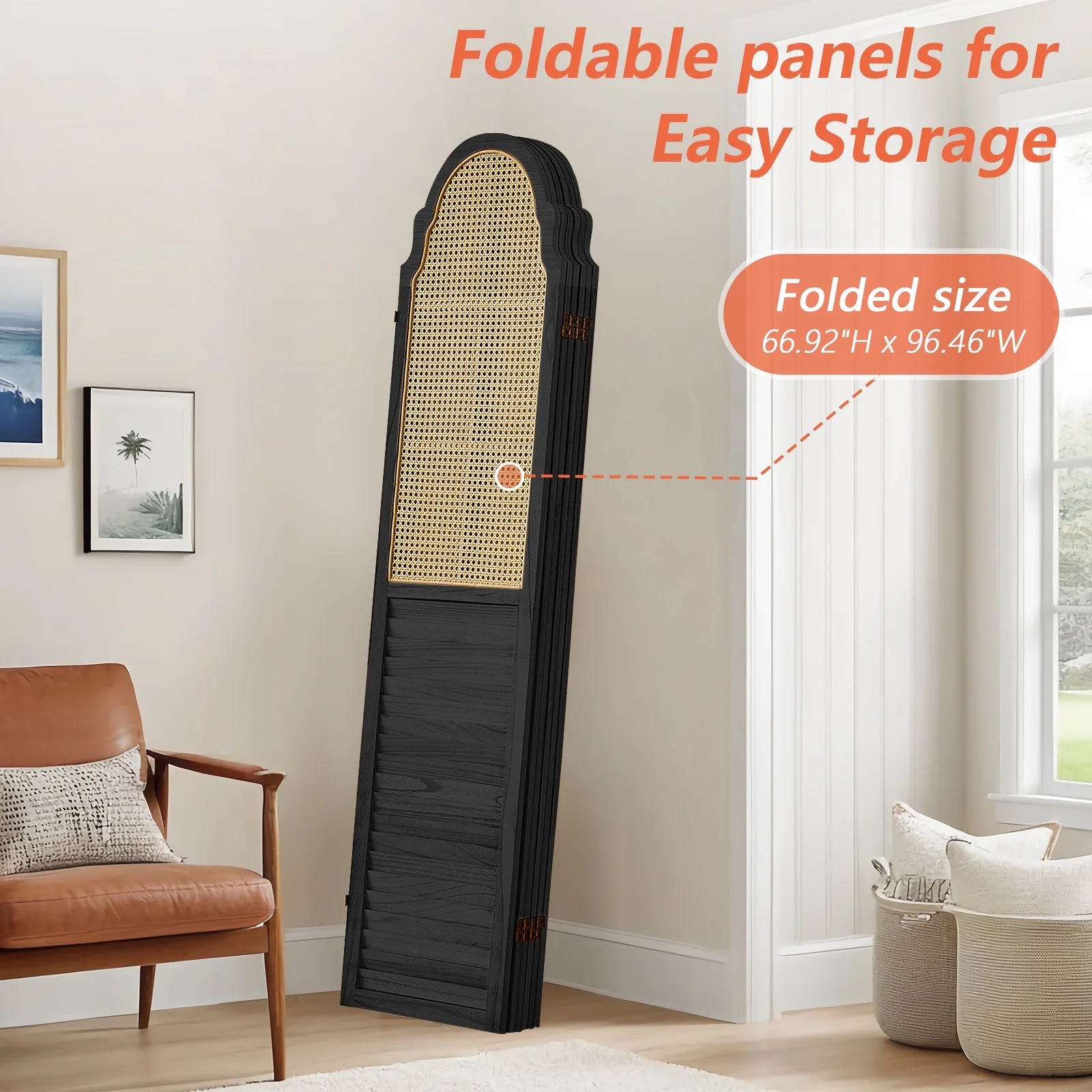Aletheiawu 4 Panel Rattan Room Divider, Foldable Privacy Screen, No Installation Required, Black
