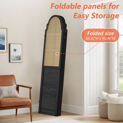 Aletheiawu 4 Panel Rattan Room Divider, Foldable Privacy Screen, No Installation Required, Black