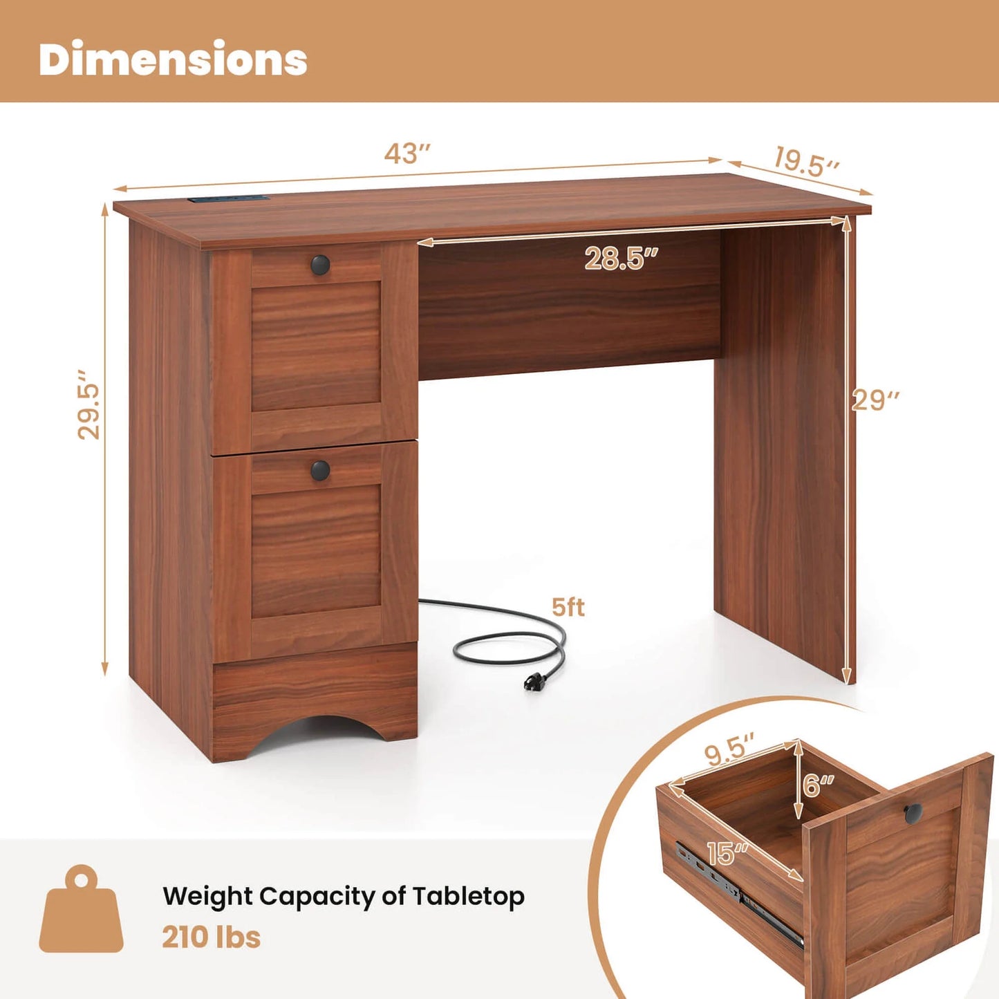 Costway 43" Home Office Desk with Charging Station Compact Study Writing Desk Walnut