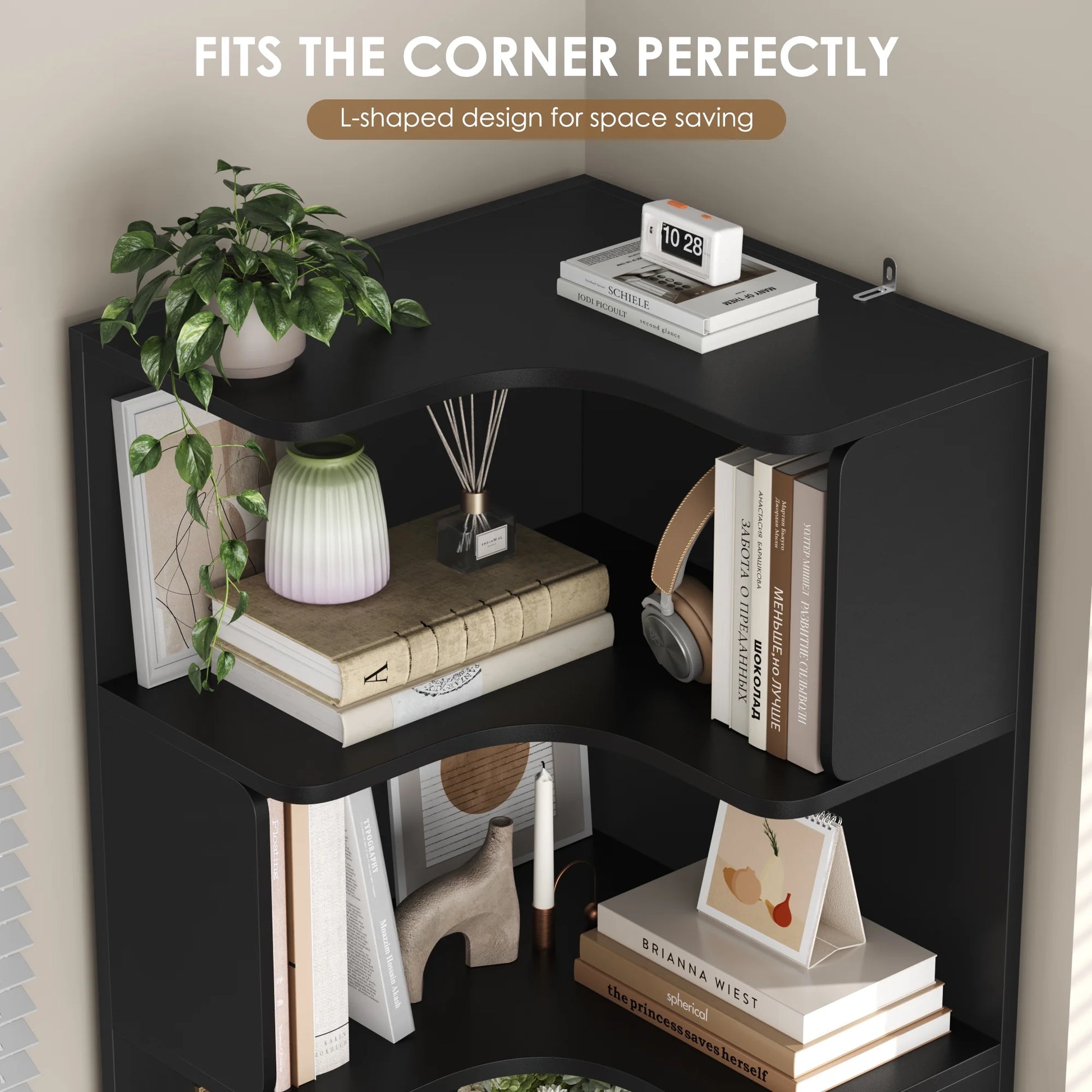 Hiphuta 77"Tall L-Shaped Corner Bookshelf with Drawers and Side Storage, Modern Wood Bookcase with 4-Tier Display Shelves Storage Cabinet for Living Room Home Office , Black