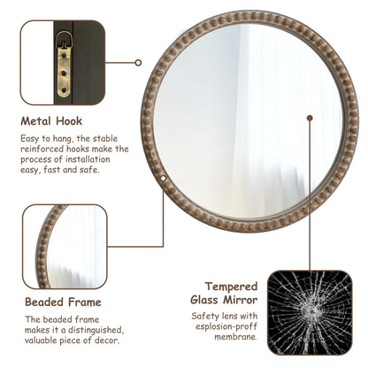 COZAYH Distressed Wood Frame Accent Mirror, Rustic Farmhouse Style Decorative Wall Mirror (Round)
