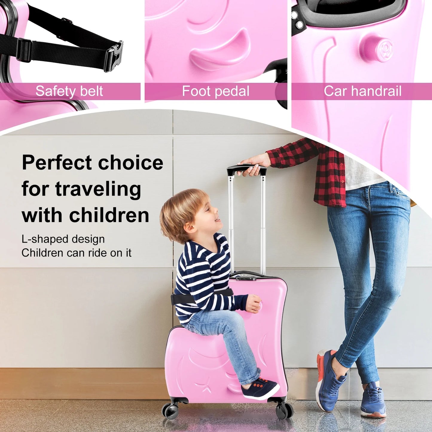 20" Children's Ride-On Luggage with Safety Belt Matte Finish, Silent Wheels, Spacious Compartment for Ages 3-12 travel suitcase