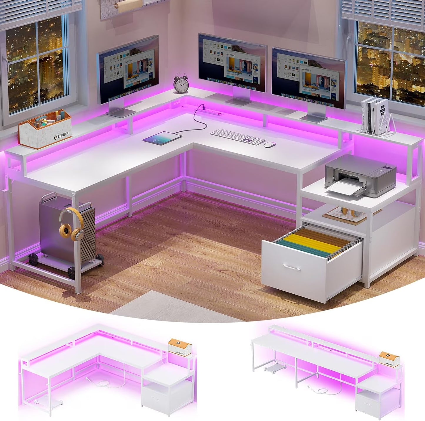 L Shaped Desk with Power Outlet and LED Lights, Corner Computer Desk with File Drawer for Home Office, Gaming Desk, Rustic Brown