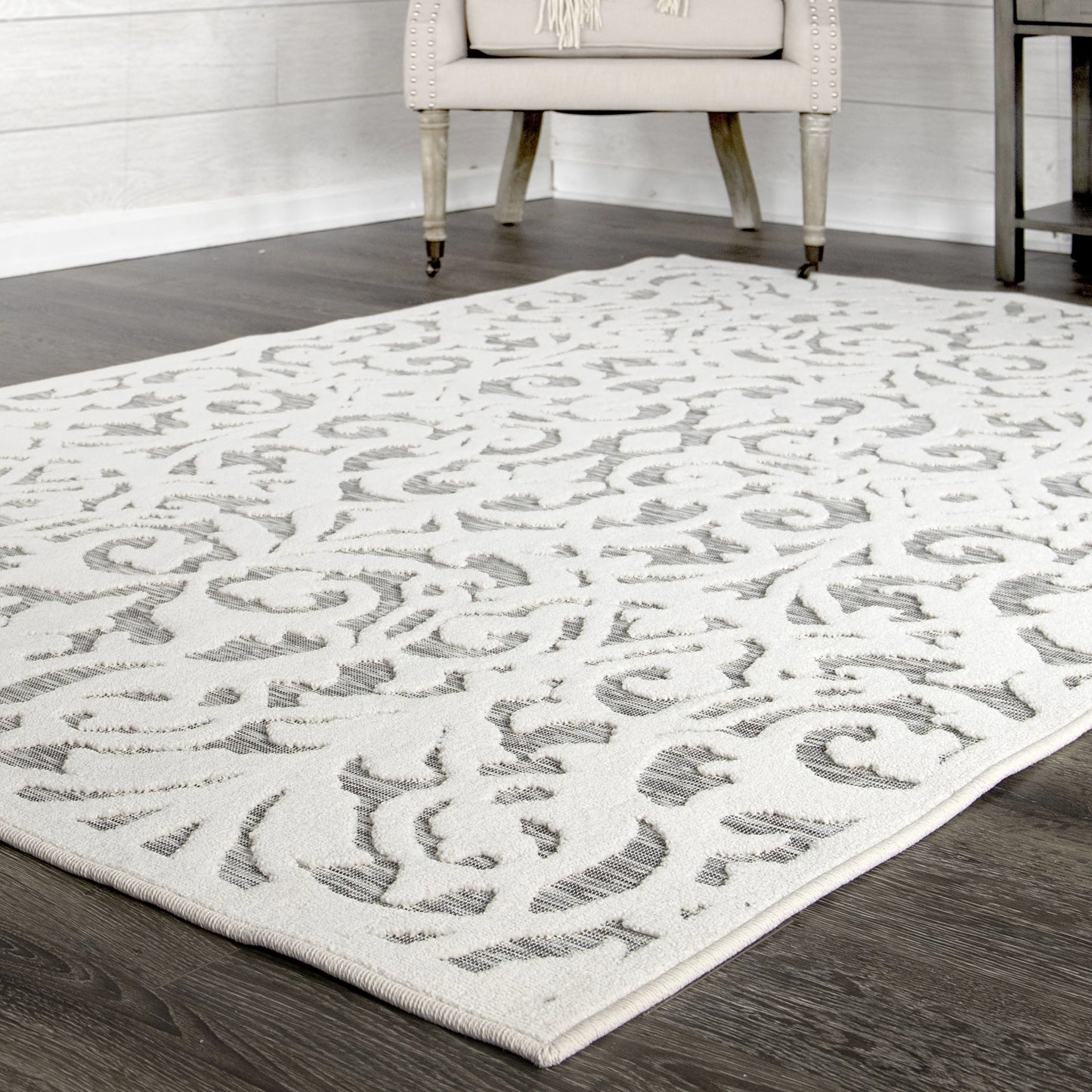 My Texas House Lady Bird, Modern Farmhouse, Damask, Indoor Outdoor Area Rug, Natural Gray, 5'3" x 7'6"