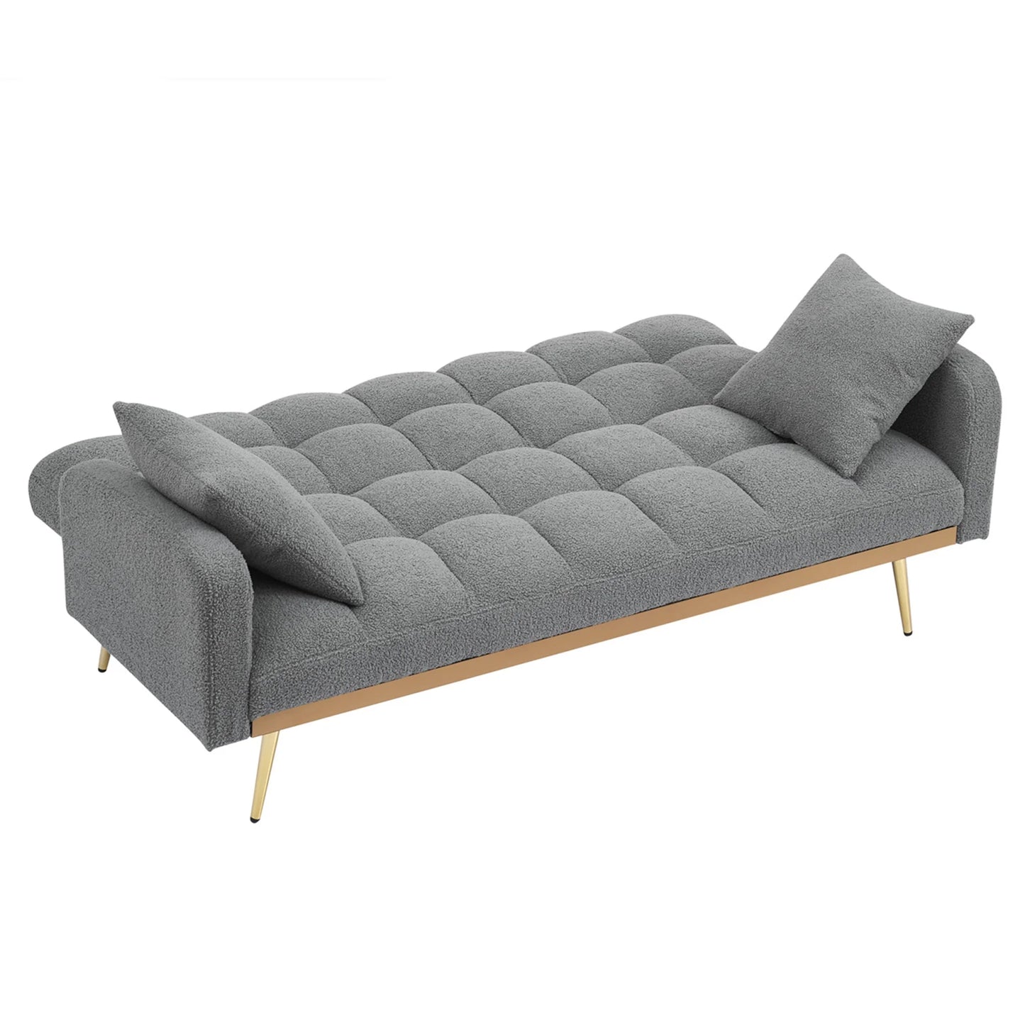 Aukfa Square Tufted Futon Convertible Sofa Bed for Home Office, 2 Pillows, Teddy Fleece, Gray
