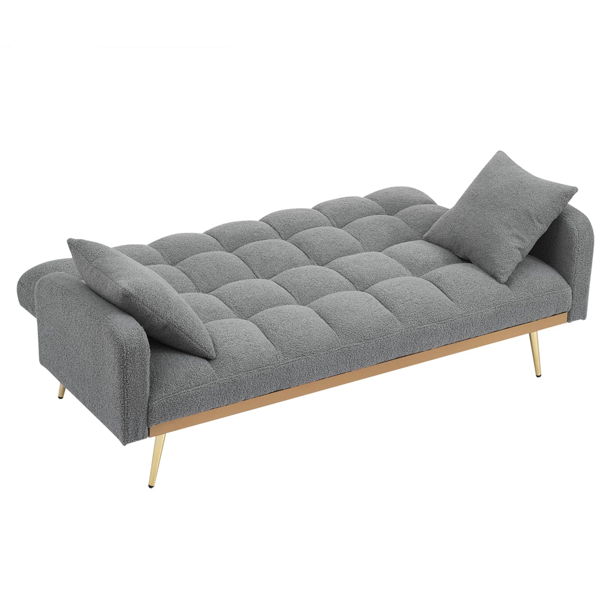 Aukfa Square Tufted Futon Convertible Sofa Bed for Home Office, 2 Pillows, Teddy Fleece, Gray