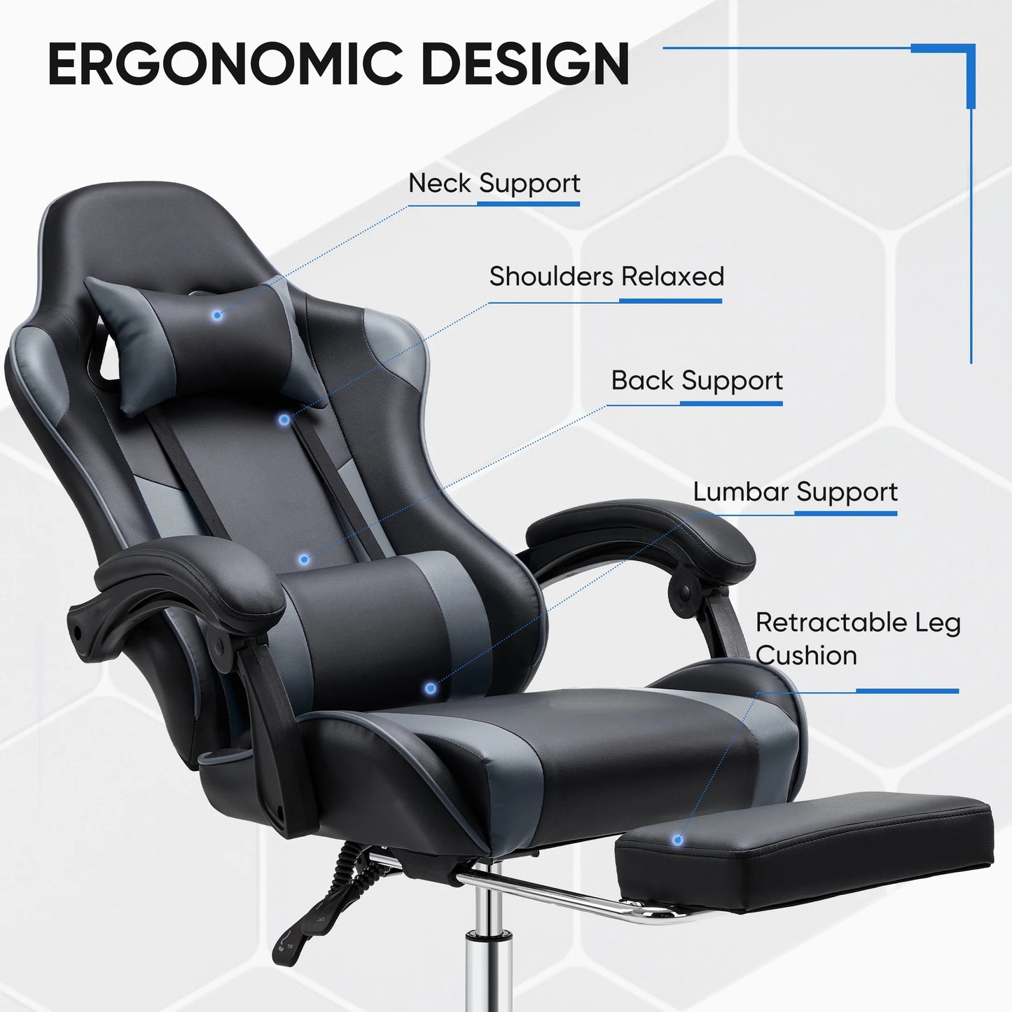 MCQ Ergonomic Swivel Gaming Chair with Headrest Lumbar Support for Home Office, Black and Grey