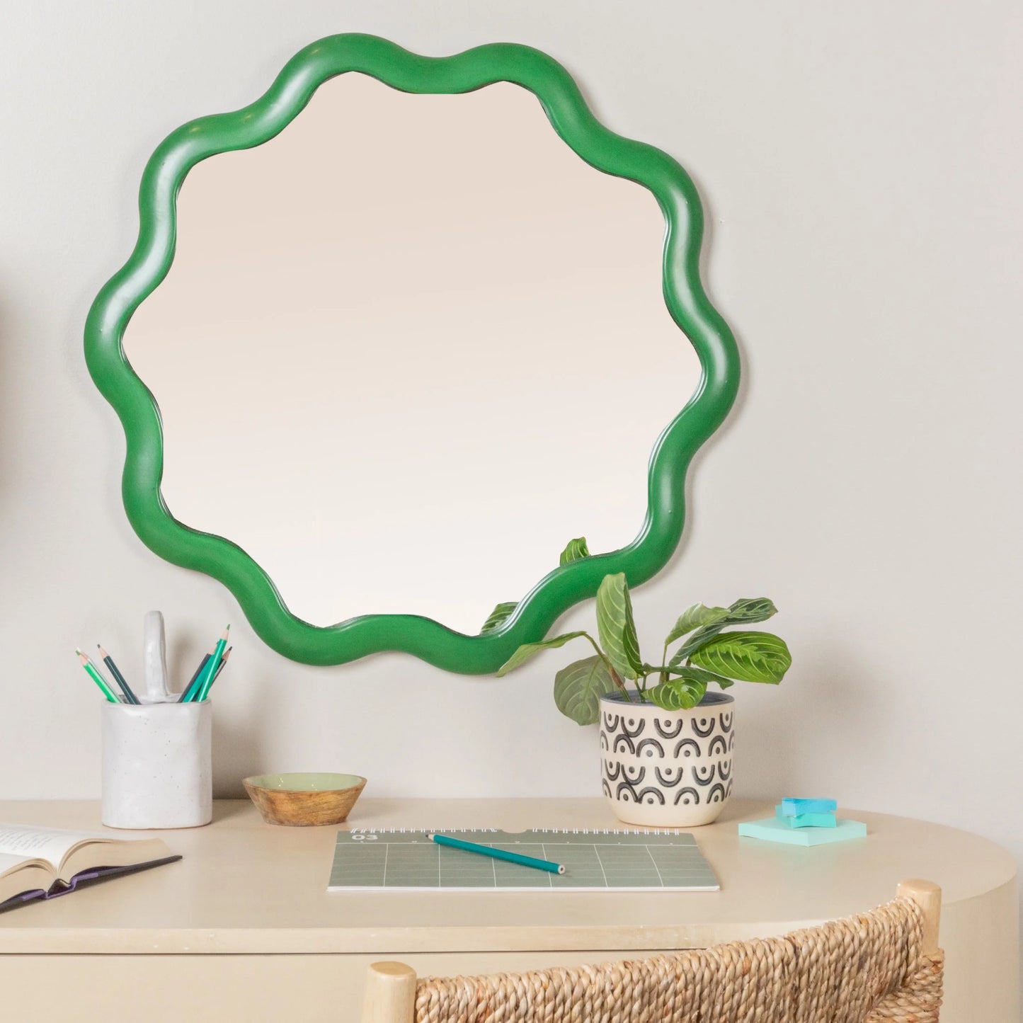 Creative Co-Op Scalloped Wood Wavy Wall Mirror, Green