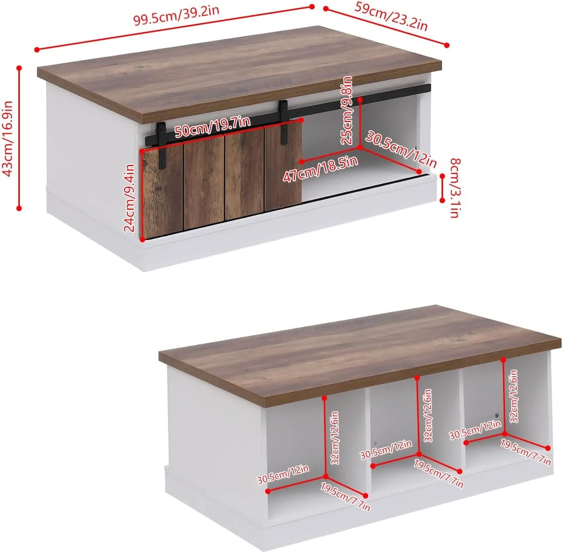Ansley& HosHo Farmhouse Coffee Table with Sliding Barn Doors & Storage, Antique Wood Living Room Center Table, Rustic Industrial Cocktail Table for Bedroom Home Office, White+Dark Walnut