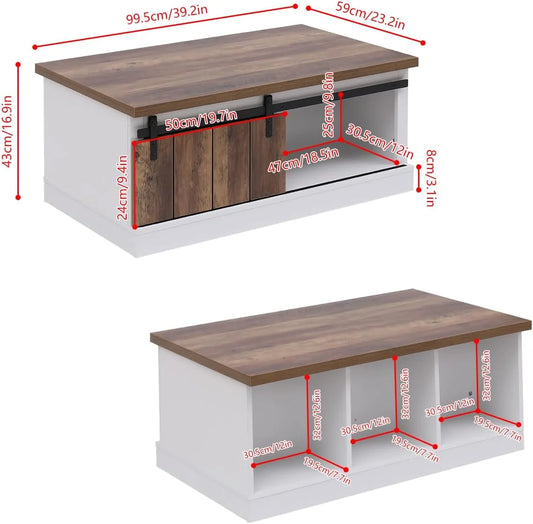Ansley& HosHo Farmhouse Coffee Table with Sliding Barn Doors & Storage, Antique Wood Living Room Center Table, Rustic Industrial Cocktail Table for Bedroom Home Office, White+Dark Walnut