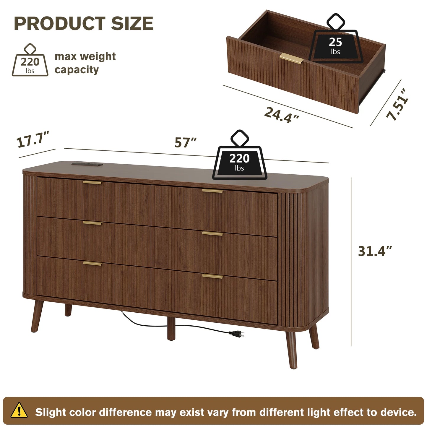 Mid-Century Modern Bedroom Dresser, 57" Wide Fluted 6 Drawer Dresser, Wood Dresser with Curved Profile Design for Closet, Bedroom Living Room, Hallway, Entryway, Home Office (Walnut, 6 Drawers)