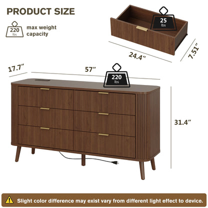 Mid-Century Modern Bedroom Dresser, 57" Wide Fluted 6 Drawer Dresser, Wood Dresser with Curved Profile Design for Closet, Bedroom Living Room, Hallway, Entryway, Home Office (Walnut, 6 Drawers)