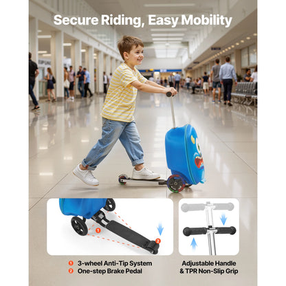 KFFKFF Ride-on Luggage for Kids, 20L Capacity, 20-Inch Scooter Suitcase with Flashing PU Wheels, Adjustable Handle & Non-Slip Grip, Foldable and Lightweight Design for Children Aged 5+, Blue
