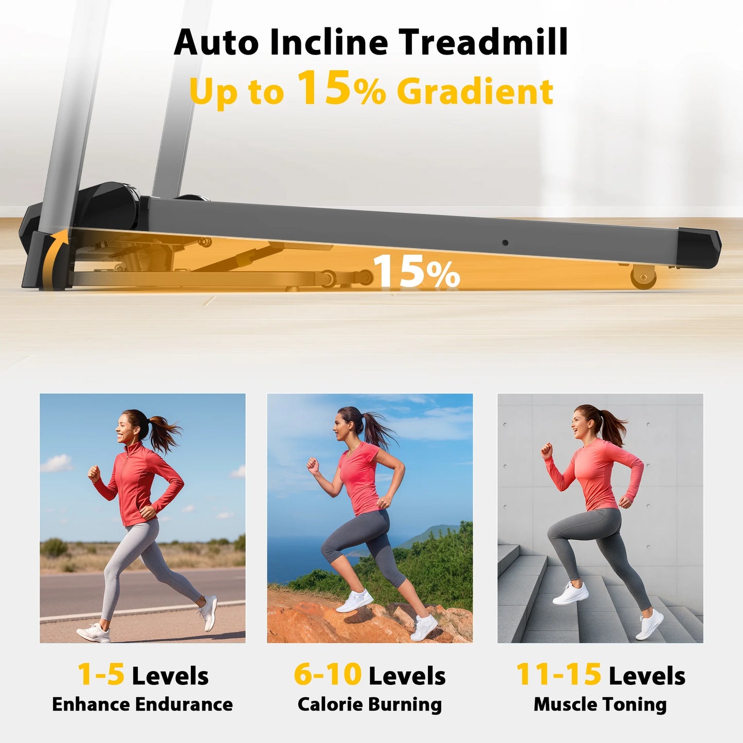 Hapycity 15% Auto Incline Foldable Treadmill 400lbs Capacity Electric Running Machine 10MPH with APP & Remote for Home Office