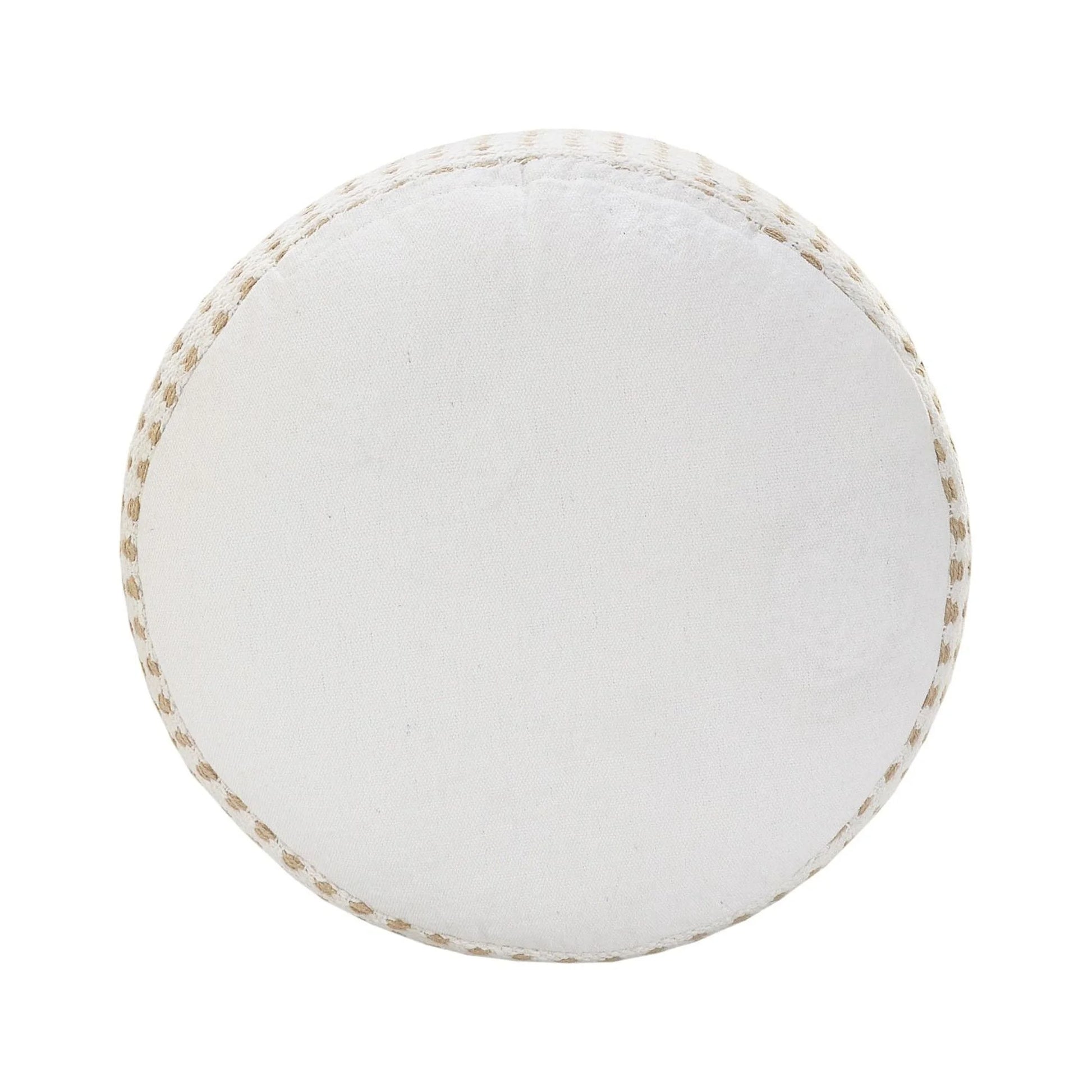 Laddha Home Designs 18" Tan and White Dashing Geometric Handcrafted Round Pouf Ottoman