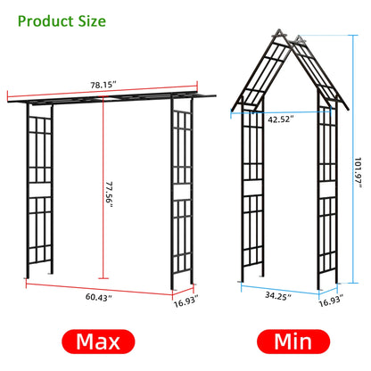 Metal Garden Arch with Plant Box and Adjustable Width, 2 in 1 House Shape Garden Arch Trellis for Climbing Plants Heavy Duty Steel Pergola Arch for Wedding Party Backyard Outdoor (Black)