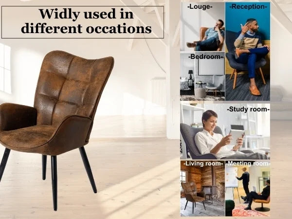 Living Room Desk Chair Leisure Chair - Nursery Desk chairs with Tufted Upholstery Wing Mid Back Metal Legs, Brown Suede Black Metal