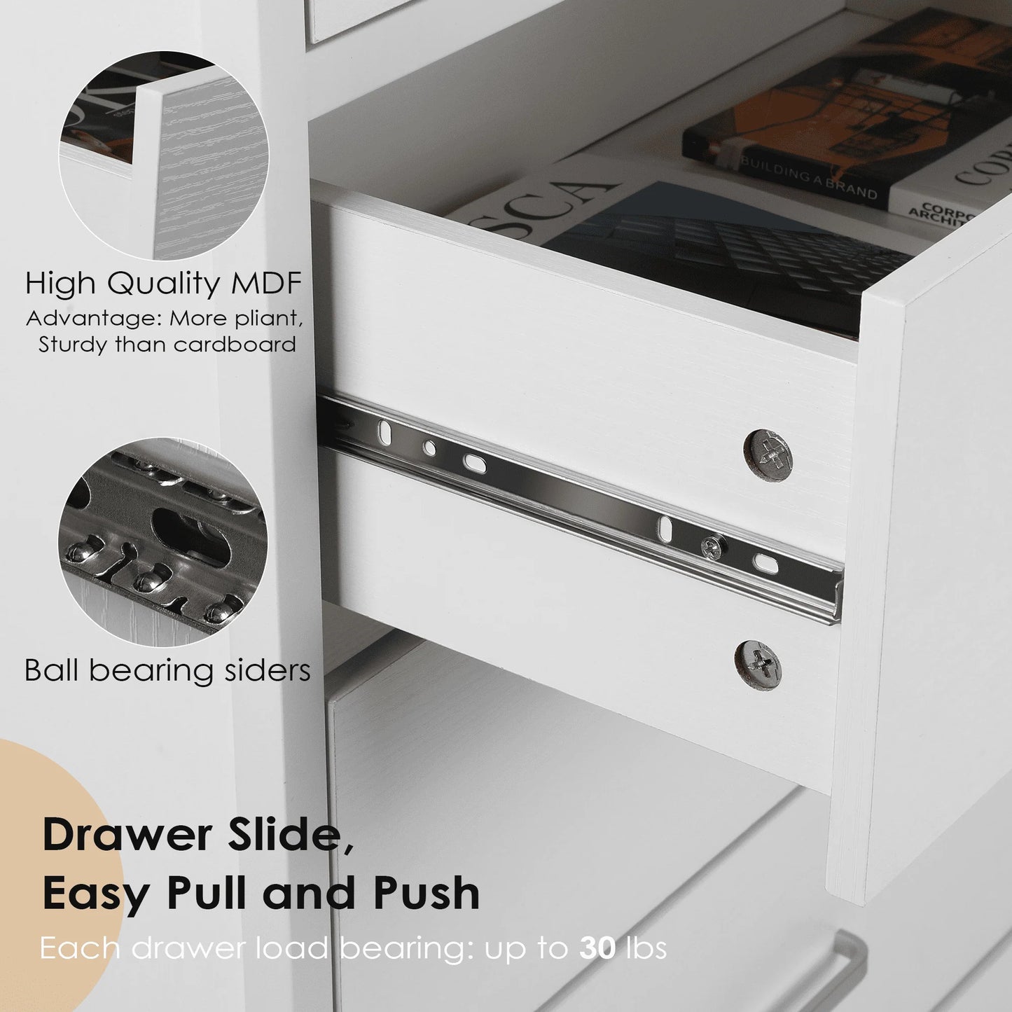 Chest of 6 Drawers, Drawer Dresser storage organizer for Bedroom, Living Room, Hallway, Nursery, Storage Cabinet Wooden Dresser with Steel Frame,White