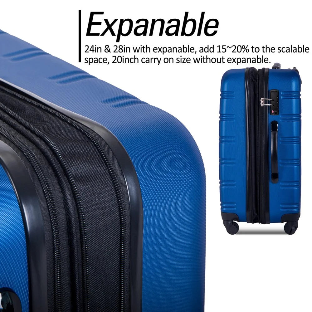 Tcbosik Luggage Sets, 3 Piece Set Hardside Suitcases with Spinner Wheels, 20/24/28 Travel Luggage Lightweight, Dark Blue