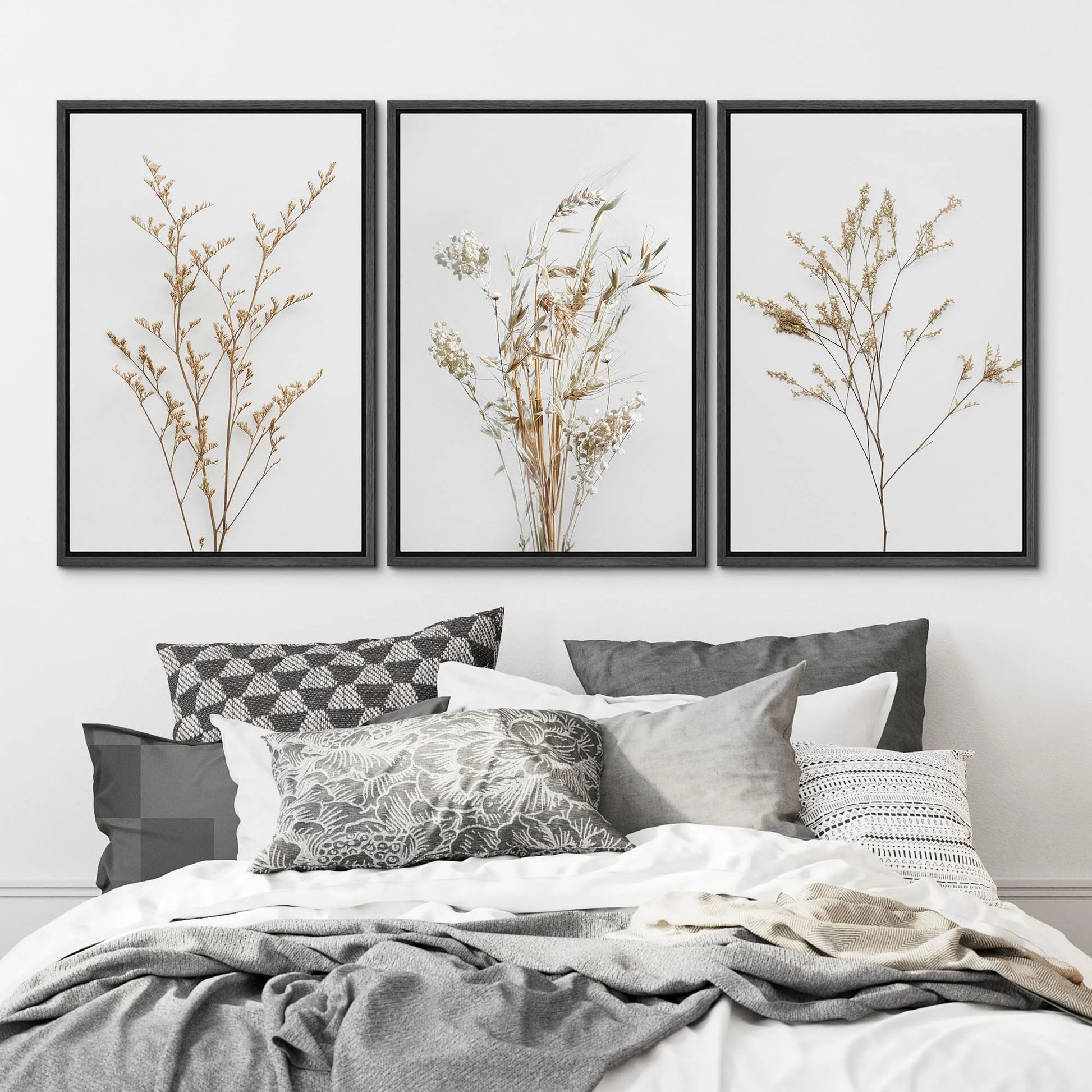 IDEA4WALL Framed Canvas Print Wall Art Set of 3 Wildflower Floral Botanical Prints, Modern Farmhouse Flowers Wall Decor, Large Wall Art, Minimalist Artwork for Home Decor - Black 16"x24"x3