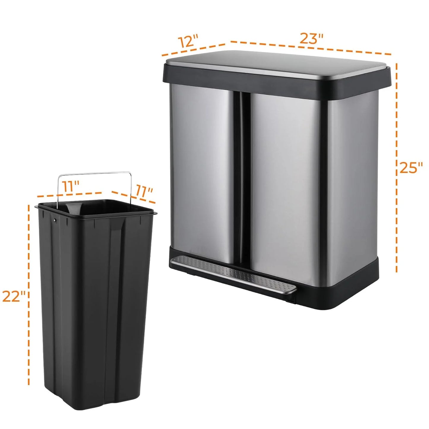 Arlopu 16 Gallon/60L Dual Trash Can, Stainless Steel Kitchen Garbage Can with Soft-Close Lid, Home Office Classified Recycle Bin
