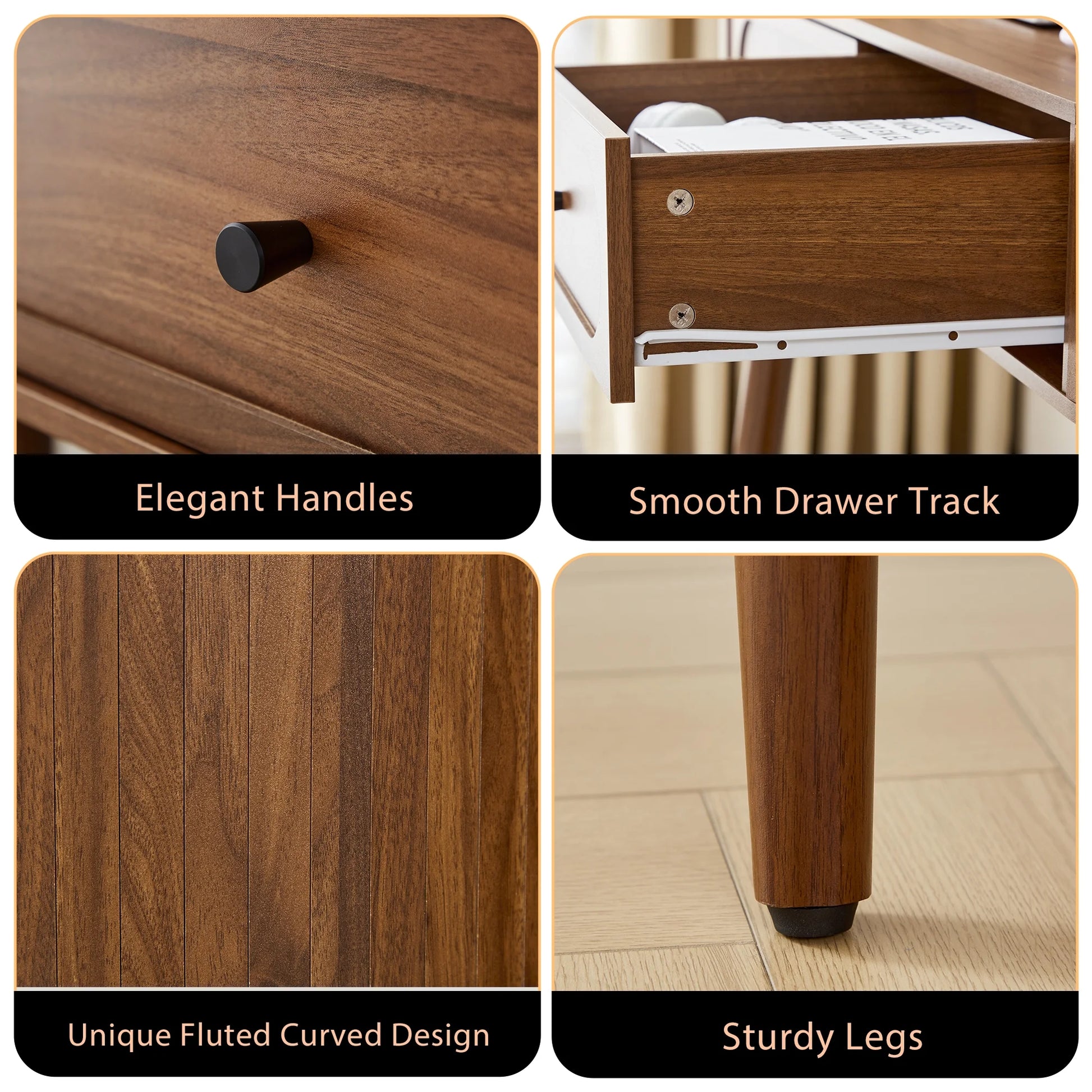 YOCWO Modern Home Office Desk with 2 Drawers and 2 Fflip-top Storage, Oval Computer PC Desk Table, Vanity Desk with Fluted Curved Table Edge, Walnut