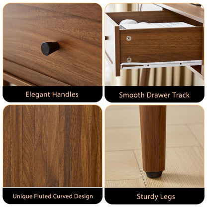 YOCWO Modern Home Office Desk with 2 Drawers and 2 Fflip-top Storage, Oval Computer PC Desk Table, Vanity Desk with Fluted Curved Table Edge, Walnut