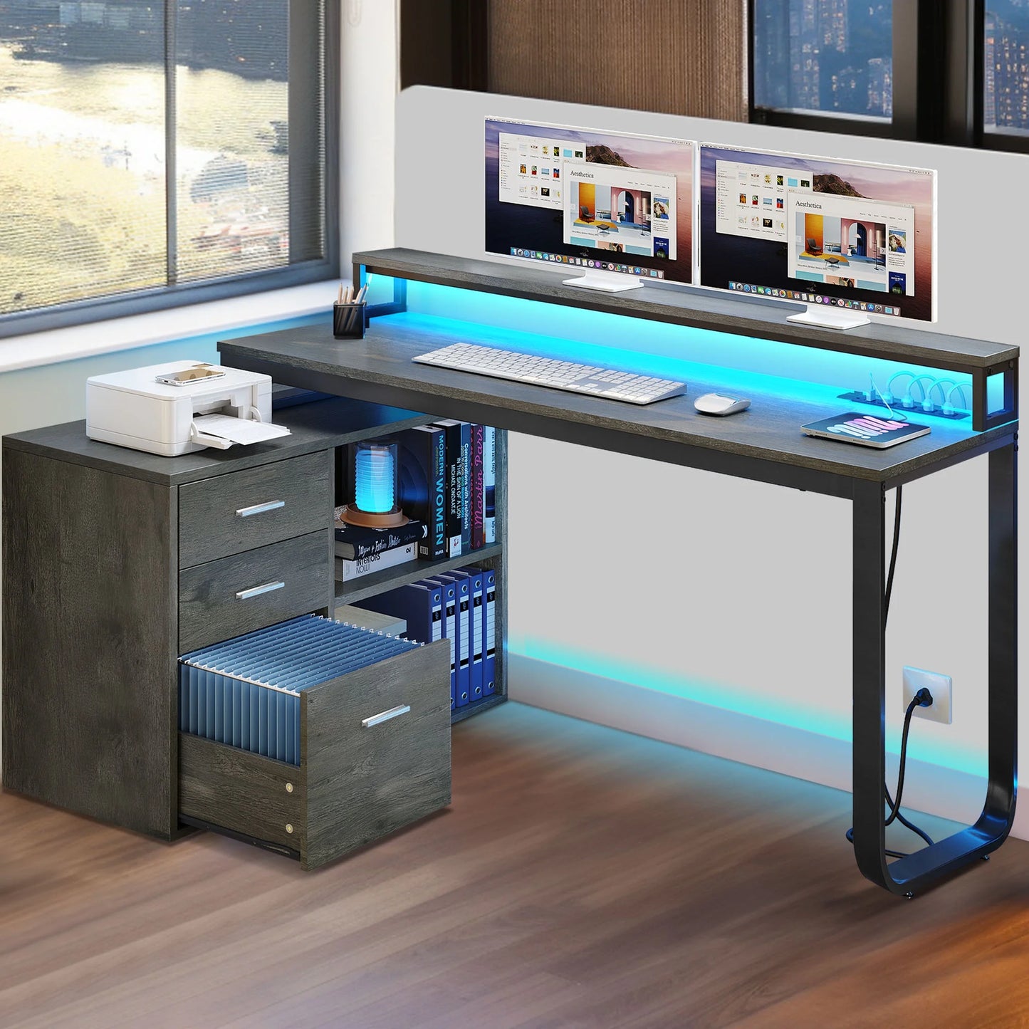 DWVO 55" L Shaped Desk with Power Outlets and Monitor Stand , Computer Desk with LED Light &File Cabinet, Corner Desk with 3 Drawers, White Modern Home Office Desk, Gray