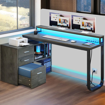 DWVO 55" L Shaped Desk with Power Outlets and Monitor Stand , Computer Desk with LED Light &File Cabinet, Corner Desk with 3 Drawers, White Modern Home Office Desk, Gray