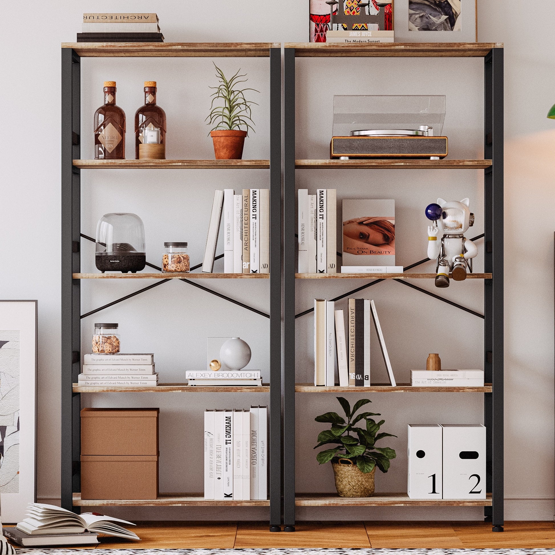 IRONCK 5 Tier Bookshelves and Bookcases, Industrial Shelf for Home Office Decor, Vintage Brown