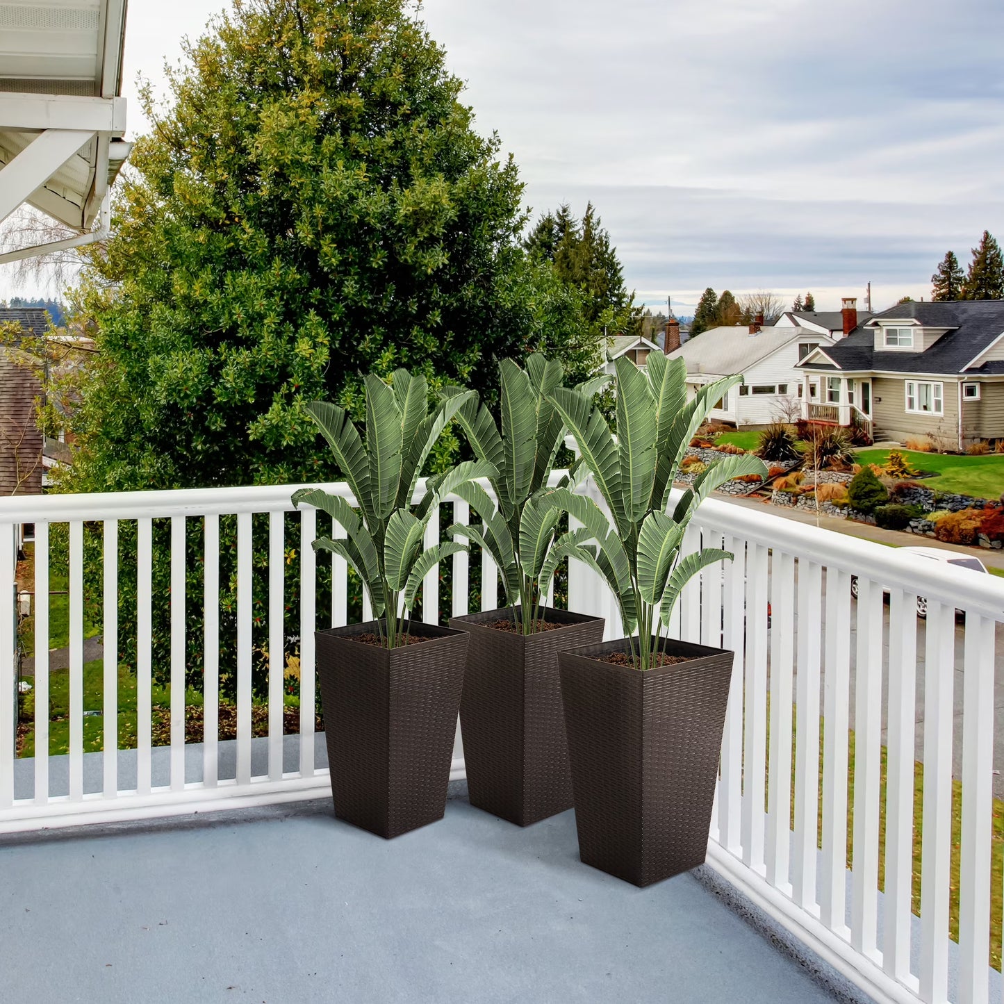 Outsunny Set of 3 Tall Planters with Drainage Hole, Outdoor Flower Plant Pots, Indoor Planters for Porch, Front Door, Entryway, Patio and Deck, Black