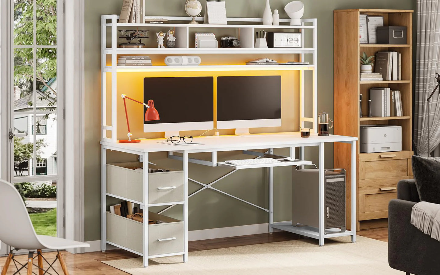 55" Computer Desk with Drawer& Power Outlet, Industrial Home Office Table Gaming Desk PC Study Workstation with Hutch& LED Lights& Adjustable Shelves,White