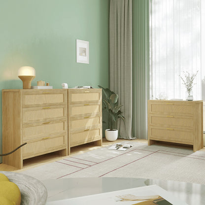 Richya Rattan Dresser with 4 Drawers, Wood Storage Cabinet for Living Room, Hallway, Nursery ,Bedroom