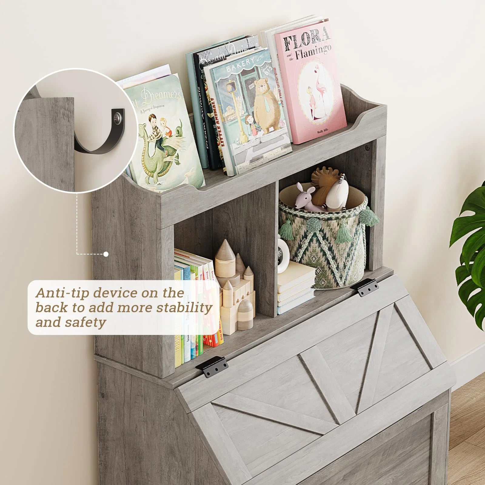 Kids Bookshelf and Toy Storage Organizer, Large Wooden Toy Box Chest with Flip-top Lid and Cubby, 3-Tire Children's Bookcase with Toy Storage Cabinet for Playroom Bedroom Nursery Kindergarten Hallway