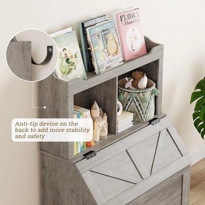 Kids Bookshelf and Toy Storage Organizer, Large Wooden Toy Box Chest with Flip-top Lid and Cubby, 3-Tire Children's Bookcase with Toy Storage Cabinet for Playroom Bedroom Nursery Kindergarten Hallway