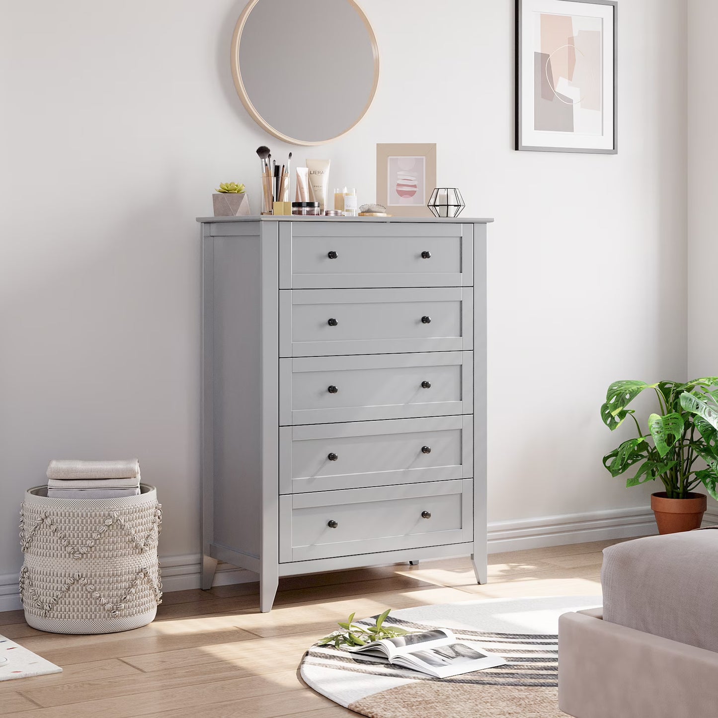 Homhougo Dresser for Bedroom Black with 5 Drawers, Tall Wood Organizer Storage Cabinet with Round Handle, Drawer Dresser for Closet, Living Room, Hallway, Nursery, Kids Bedroom