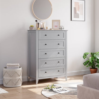 Homhougo Dresser for Bedroom Black with 5 Drawers, Tall Wood Organizer Storage Cabinet with Round Handle, Drawer Dresser for Closet, Living Room, Hallway, Nursery, Kids Bedroom