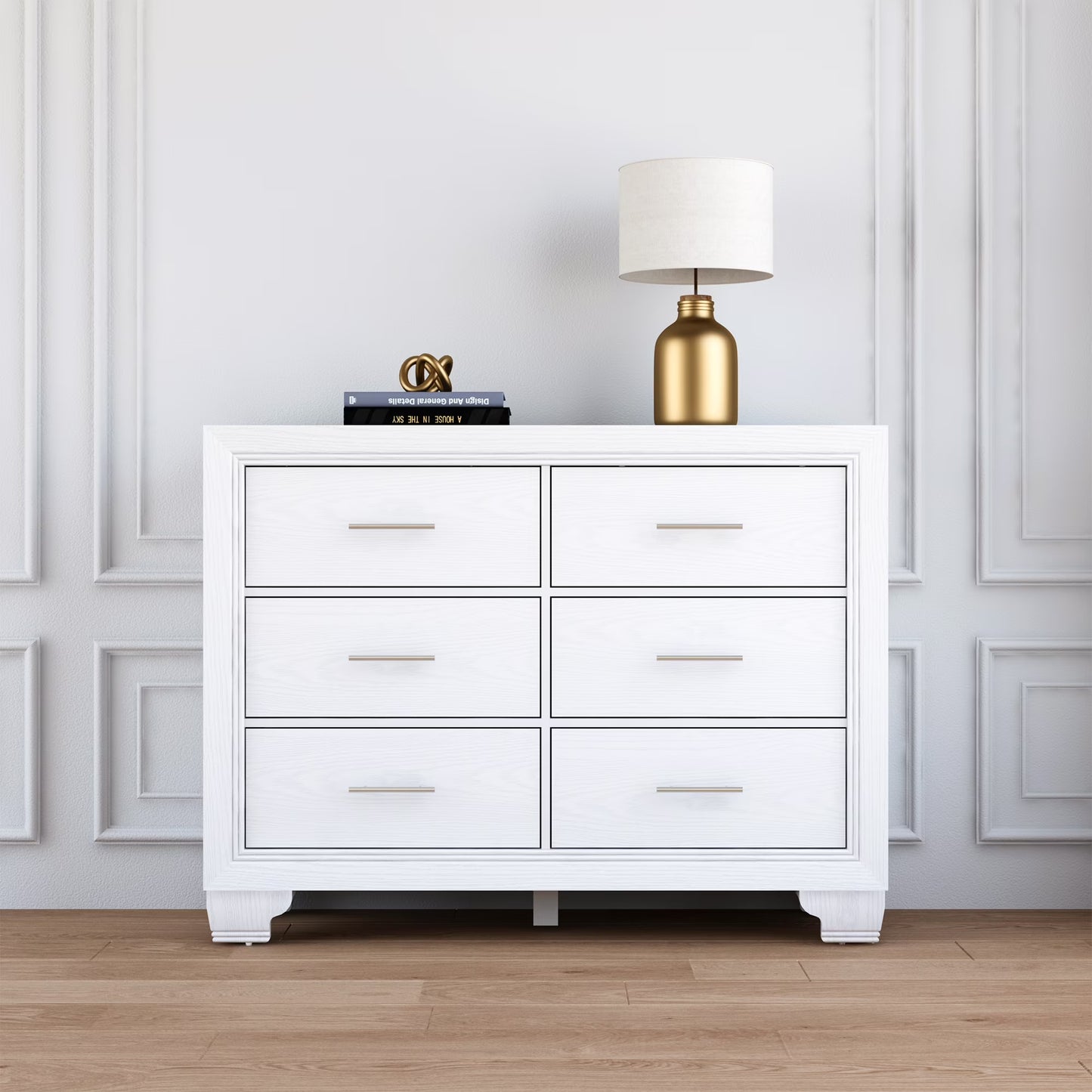 Homhougo White Dresser for Bedroom 6 Drawer, Wood Organizer Storage Cabinet with Gray Strip Drawer Door, Chest of Drawers for Closet, Living Room, Hallway, Nursery, Kids Bedroom