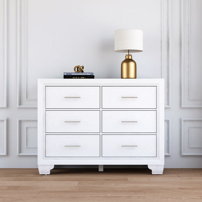 Homhougo White Dresser for Bedroom 6 Drawer, Wood Organizer Storage Cabinet with Gray Strip Drawer Door, Chest of Drawers for Closet, Living Room, Hallway, Nursery, Kids Bedroom