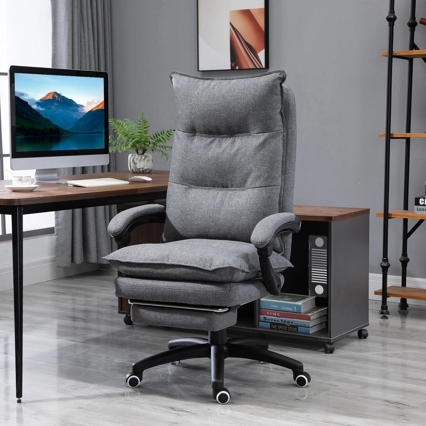 Office Chair Vinsetto 360° Swivel Executive Home Office Chair Adjustable Height Linen Style Fabric Recliner with Retractable Footrest and Double Padding, Grey,Ergonomic Office Chair